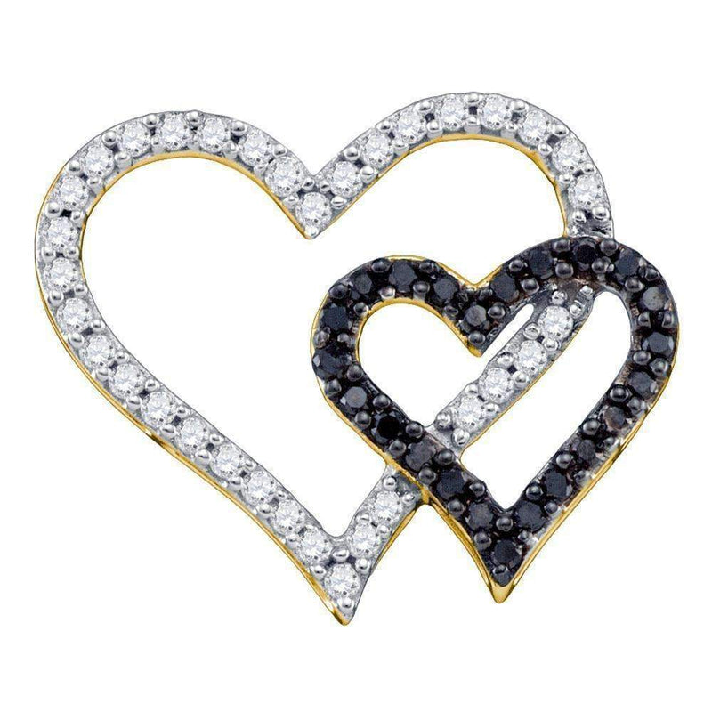 10kt Yellow Gold Women's Round Black Color Enhanced Diamond Double Heart Pendant 1-2 Cttw - FREE Shipping (US/CAN)-Gold & Diamond Pendants & Necklaces-JadeMoghul Inc.