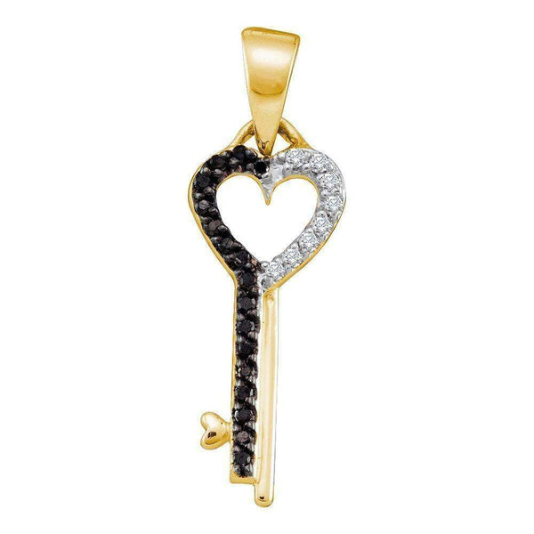 10kt Yellow Gold Women's Round Black Color Enhanced Diamond Key Heart Pendant 1-10 Cttw - FREE Shipping (US/CAN)-Gold & Diamond Pendants & Necklaces-JadeMoghul Inc.