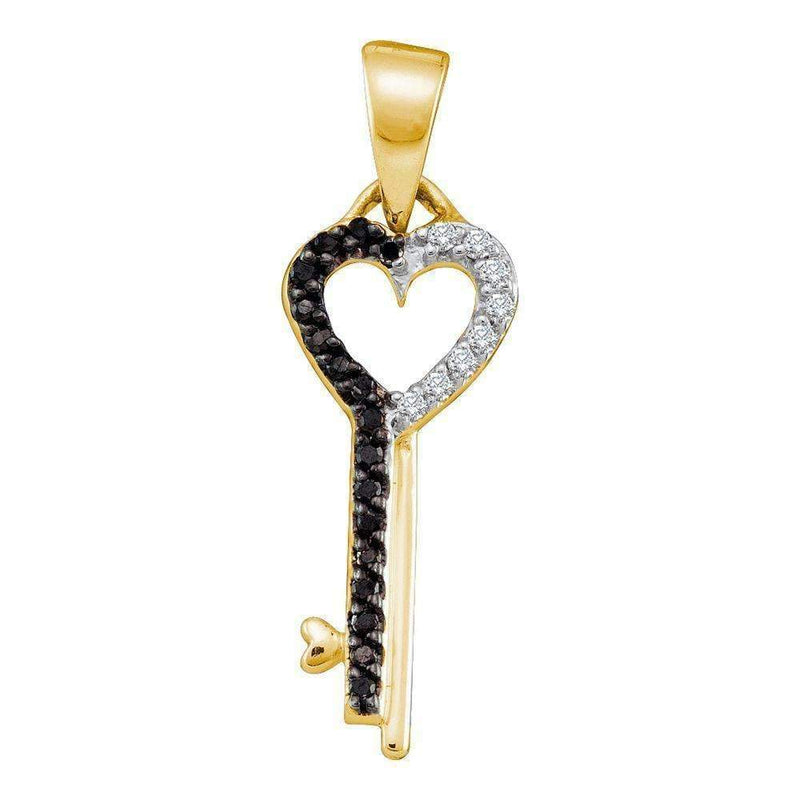 10kt Yellow Gold Women's Round Black Color Enhanced Diamond Key Heart Pendant 1-10 Cttw - FREE Shipping (US/CAN)-Gold & Diamond Pendants & Necklaces-JadeMoghul Inc.