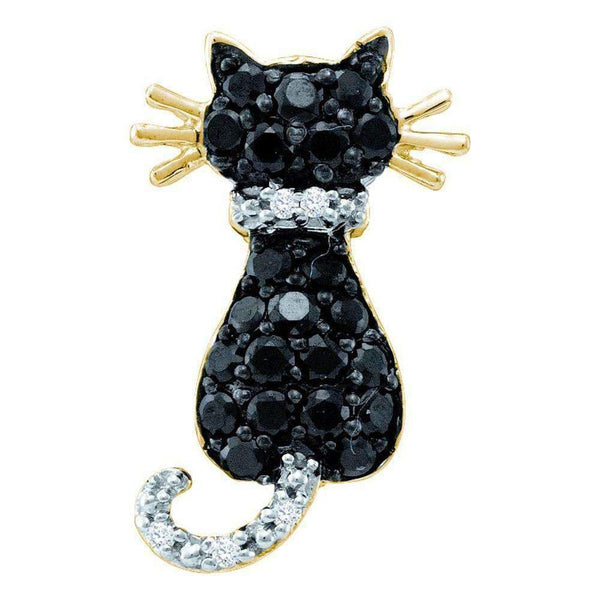 10kt Yellow Gold Women's Round Black Color Enhanced Diamond Kitty Cat Feline Pendant 1-3 Cttw - FREE Shipping (US/CAN)-Gold & Diamond Pendants & Necklaces-JadeMoghul Inc.