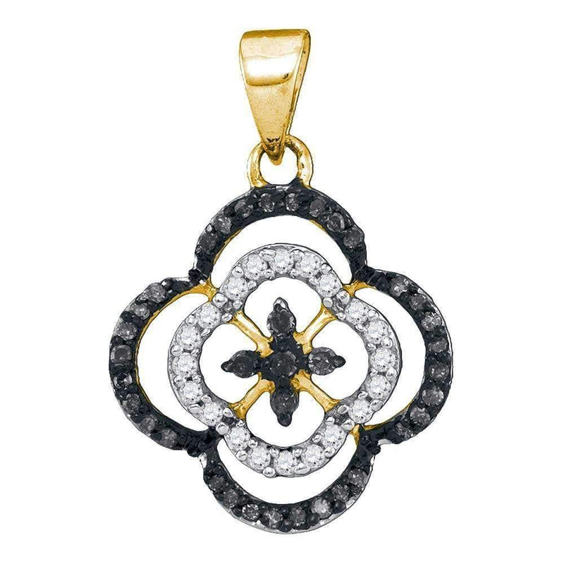 10kt Yellow Gold Women's Round Black Color Enhanced Diamond Quatrefoil Cluster Pendant 1-4 Cttw - FREE Shipping (US/CAN)-Gold & Diamond Pendants & Necklaces-JadeMoghul Inc.