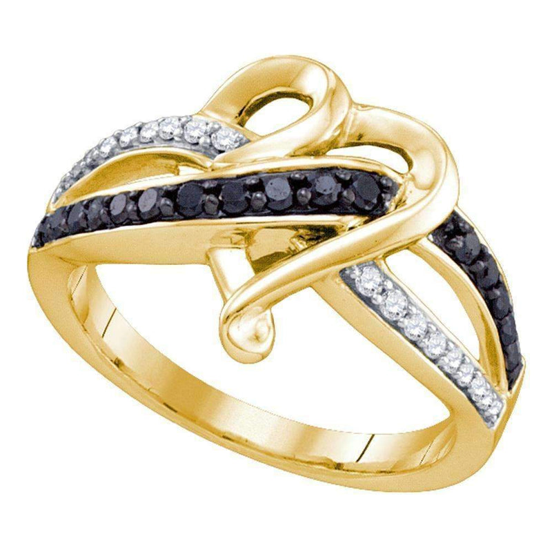 10kt Yellow Gold Women's Round Black Color Enhanced Diamond Striped Heart Ring 1/3 Cttw - FREE Shipping (US/CAN)-Rings And Bands-5-JadeMoghul Inc.