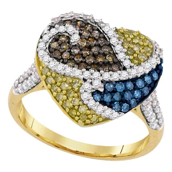 10kt Yellow Gold Womens Round Blue Cognac-brown Yellow Color Enhanced Diamond Heart Ring 1-1/20 Cttw-Gold & Diamond Heart Rings-5.5-JadeMoghul Inc.