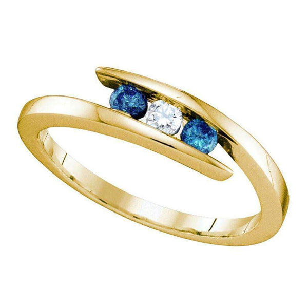 10kt Yellow Gold Women's Round Blue Color Enhanced Diamond 3-stone Ring 1/4 Cttw - FREE Shipping (US/CAN)-Gold & Diamond Engagement & Anniversary Rings-5-JadeMoghul Inc.