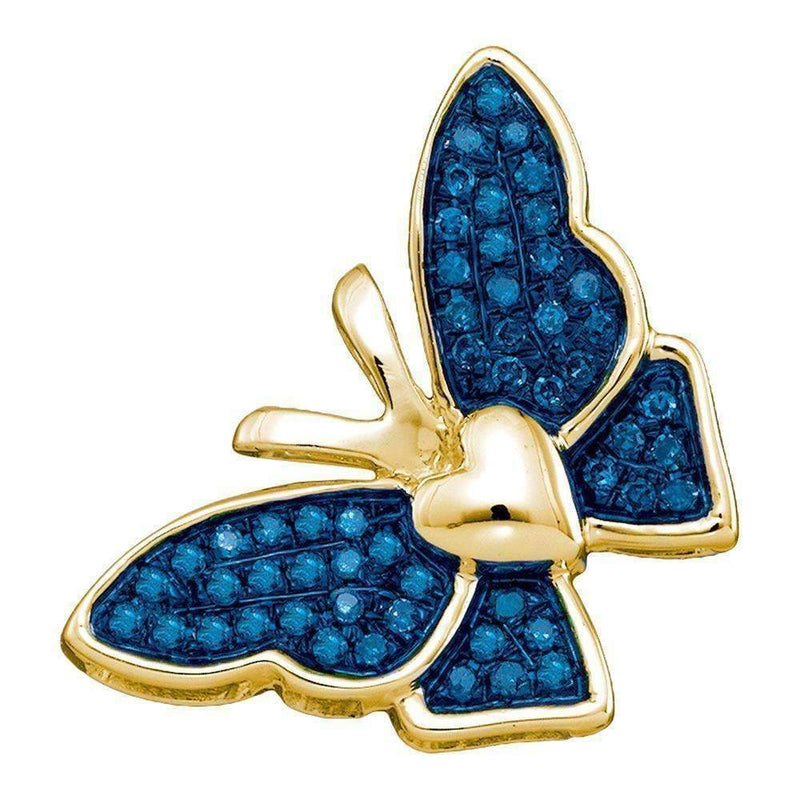 10kt Yellow Gold Women's Round Blue Color Enhanced Diamond Butterfly Bug Pendant 1-6 Cttw - FREE Shipping (US/CAN)-Gold & Diamond Pendants & Necklaces-JadeMoghul Inc.