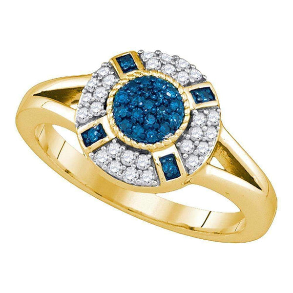 10kt Yellow Gold Women's Round Blue Color Enhanced Diamond Circle Cluster Ring 3/8 Cttw - FREE Shipping (US/CAN)-Gold & Diamond Cluster Rings-5-JadeMoghul Inc.