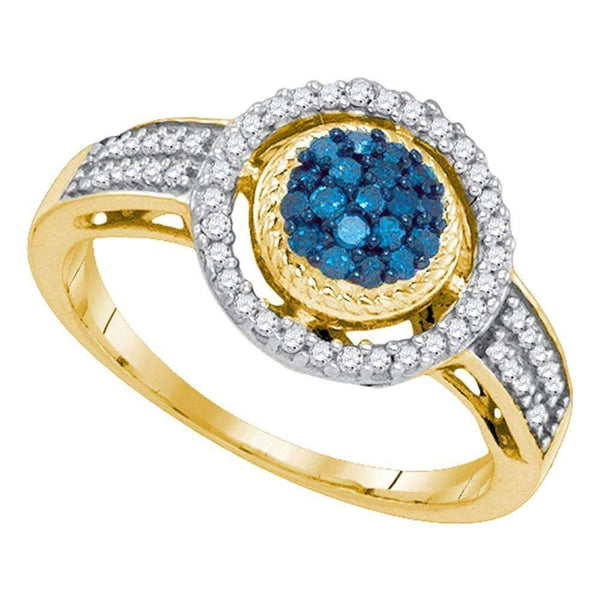 10kt Yellow Gold Women's Round Blue Color Enhanced Diamond Circle Frame Cluster Ring 1/3 Cttw - FREE Shipping (US/CAN)-Gold & Diamond Cluster Rings-5-JadeMoghul Inc.