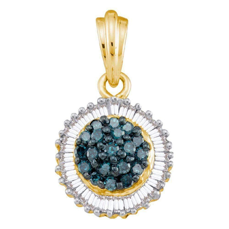 10kt Yellow Gold Women's Round Blue Color Enhanced Diamond Cluster Pendant 1-2 Cttw - FREE Shipping (US/CAN)-Gold & Diamond Pendants & Necklaces-JadeMoghul Inc.