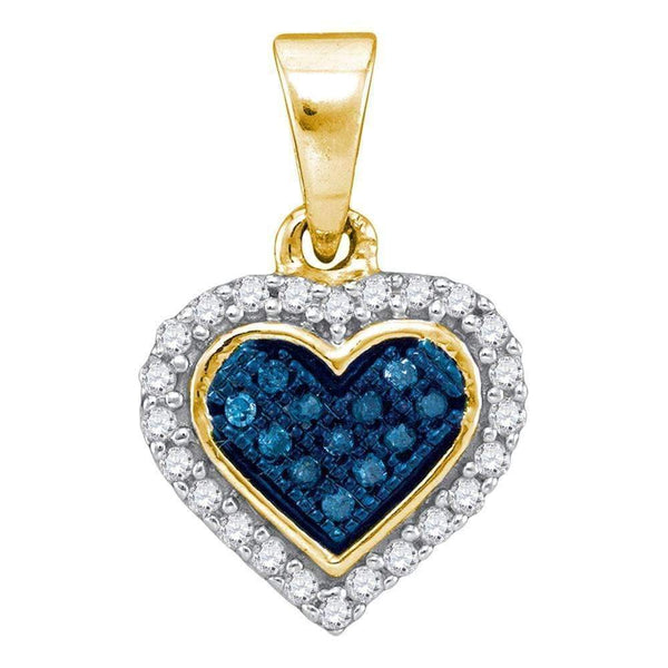 10kt Yellow Gold Women's Round Blue Color Enhanced Diamond Cluster Small Heart Pendant 1-8 Cttw - FREE Shipping (US/CAN)-Gold & Diamond Pendants & Necklaces-JadeMoghul Inc.