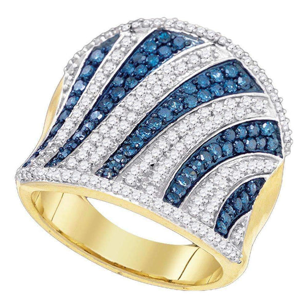 10kt Yellow Gold Women's Round Blue Color Enhanced Diamond Concave Vertical Stripe Ring 1-3-8 Cttw - FREE Shipping (US/CAN)-Gold & Diamond Fashion Rings-JadeMoghul Inc.