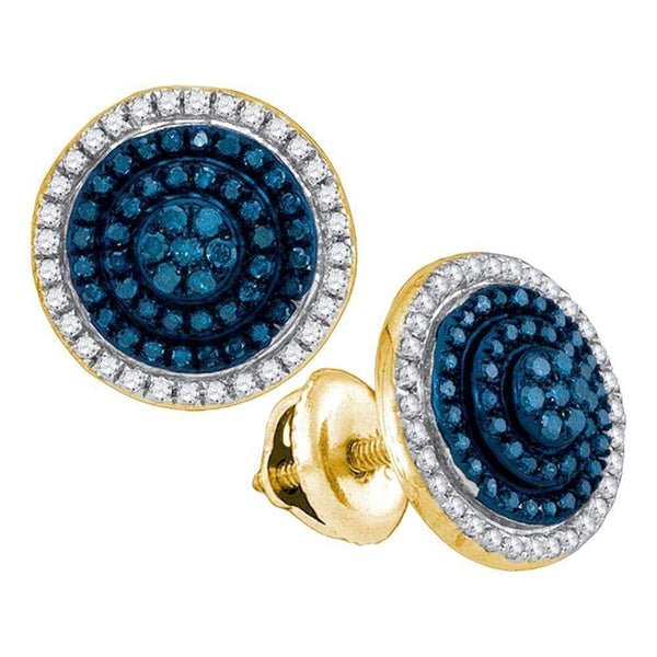 10kt Yellow Gold Women's Round Blue Color Enhanced Diamond Concentric Cluster Earrings 1-2 Cttw - FREE Shipping (USA/CAN)-Gold & Diamond Earrings-JadeMoghul Inc.