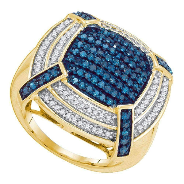 10kt Yellow Gold Women's Round Blue Color Enhanced Diamond Corner Cluster Frame Ring 3/4 Cttw - FREE Shipping (US/CAN)-Gold & Diamond Cluster Rings-5-JadeMoghul Inc.