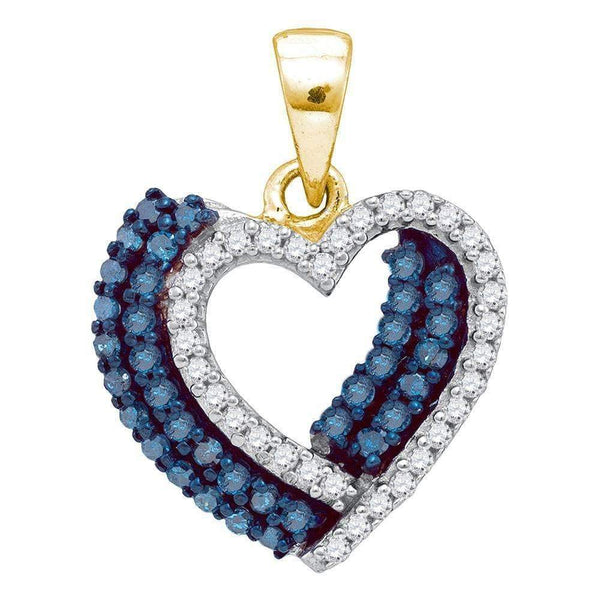 10kt Yellow Gold Women's Round Blue Color Enhanced Diamond Double Heart Pendant 3-8 Cttw - FREE Shipping (US/CAN)-Gold & Diamond Pendants & Necklaces-JadeMoghul Inc.