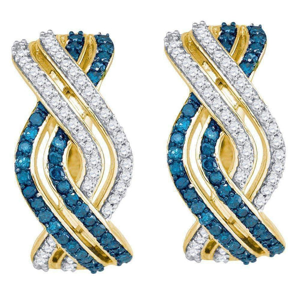 10kt Yellow Gold Women's Round Blue Color Enhanced Diamond Entwined Woven Stripe Hoop Earrings 5-8 Cttw - FREE Shipping (USA/CAN)-Gold & Diamond Earrings-JadeMoghul Inc.