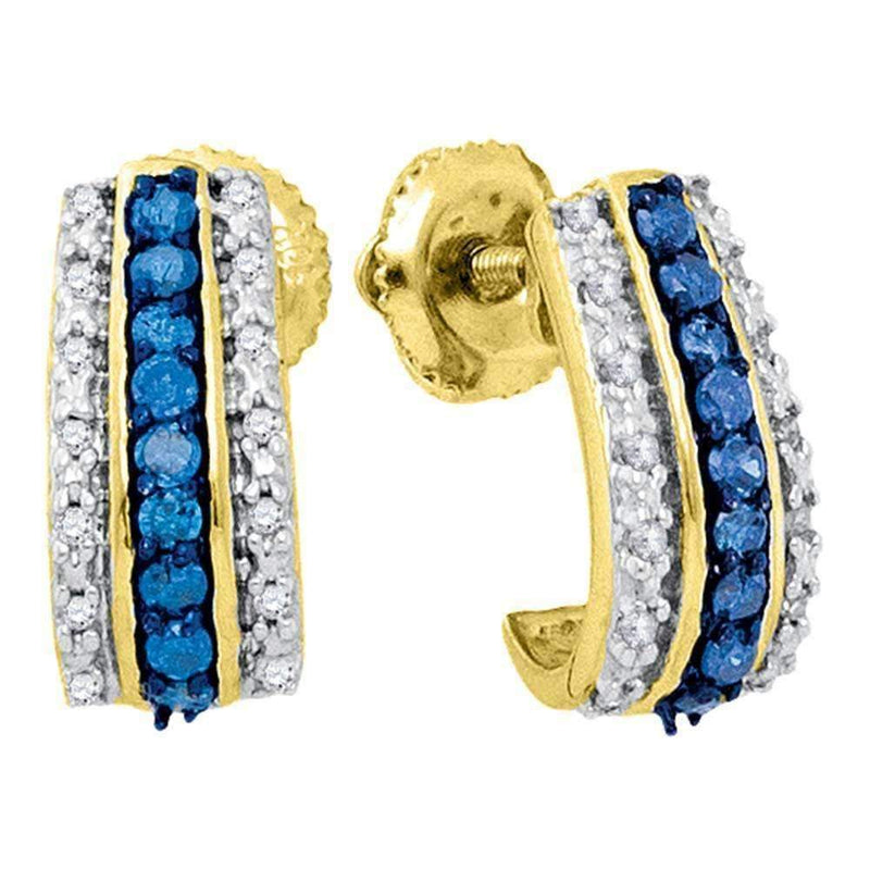 10kt Yellow Gold Women's Round Blue Color Enhanced Diamond Half J Hoop Earrings 1-3 Cttw - FREE Shipping (US/CAN)-Gold & Diamond Earrings-JadeMoghul Inc.