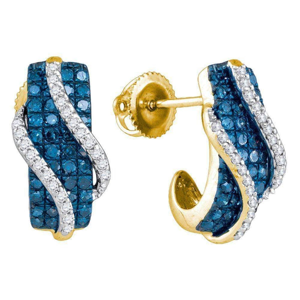 10kt Yellow Gold Women's Round Blue Color Enhanced Diamond Half J Hoop Earrings 1.00 Cttw - FREE Shipping (US/CAN)-Gold & Diamond Earrings-JadeMoghul Inc.