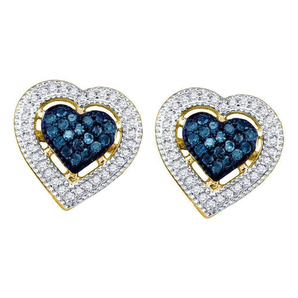 10kt Yellow Gold Women's Round Blue Color Enhanced Diamond Heart Love Screwback Earrings 3-8 Cttw - FREE Shipping (USA/CAN)-Gold & Diamond Earrings-JadeMoghul Inc.