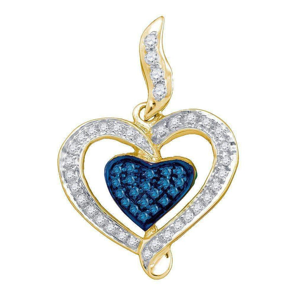 10kt Yellow Gold Women's Round Blue Color Enhanced Diamond Heart Pendant 1-4 Cttw - FREE Shipping (US/CAN)-Gold & Diamond Pendants & Necklaces-JadeMoghul Inc.
