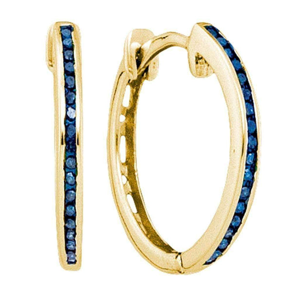 10kt Yellow Gold Women's Round Blue Color Enhanced Diamond Hoop Earrings 1-10 Cttw - FREE Shipping (USA/CAN)-Gold & Diamond Earrings-JadeMoghul Inc.