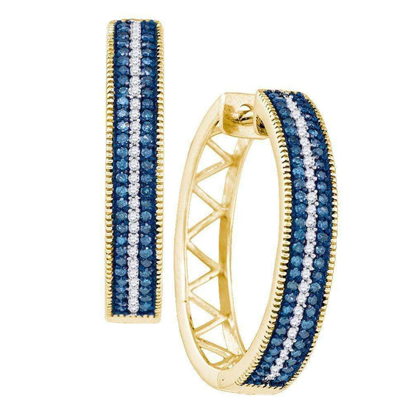 10kt Yellow Gold Women's Round Blue Color Enhanced Diamond Hoop Earrings 1-2 Cttw - FREE Shipping (USA/CAN)-Gold & Diamond Earrings-JadeMoghul Inc.