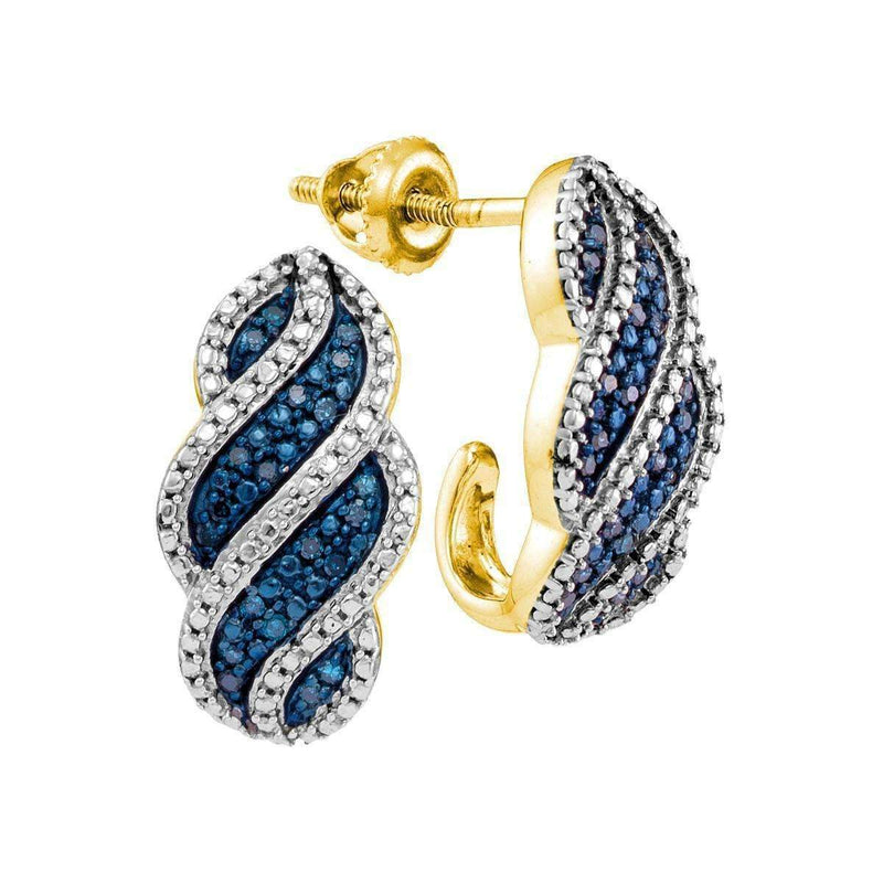 10kt Yellow Gold Womens Round Blue Color Enhanced Diamond J Half Hoop Earrings 1-10 Cttw-Gold & Diamond Earrings-JadeMoghul Inc.