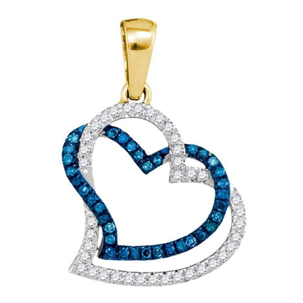 10kt Yellow Gold Women's Round Blue Color Enhanced Diamond Joined Double Hearts Pendant 1-5 Cttw - FREE Shipping (US/CAN)-Gold & Diamond Pendants & Necklaces-JadeMoghul Inc.