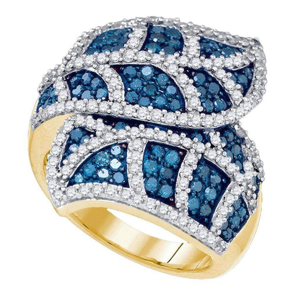 10kt Yellow Gold Women's Round Blue Color Enhanced Diamond Leaf Flower Stripe Fashion Ring 2.00 Cttw - FREE Shipping (US/CAN)-Gold & Diamond Fashion Rings-JadeMoghul Inc.