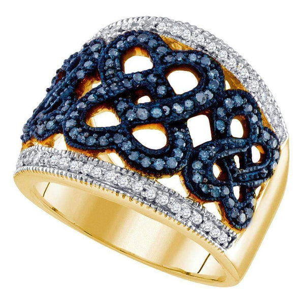 10kt Yellow Gold Womens Round Blue Color Enhanced Diamond Linked Heart Ring 1-2 Cttw-Gold & Diamond Fashion Rings-JadeMoghul Inc.