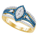 10kt Yellow Gold Women's Round Blue Color Enhanced Diamond Marquise-shape Halo Cluster Ring 7/8 Cttw - FREE Shipping (US/CAN)-Gold & Diamond Fashion Rings-5.5-JadeMoghul Inc.