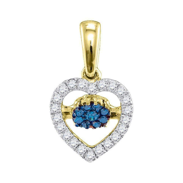 10kt Yellow Gold Womens Round Blue Color Enhanced Diamond Moving Twinkle Heart Pendant 1-6 Cttw-Gold & Diamond Pendants & Necklaces-JadeMoghul Inc.