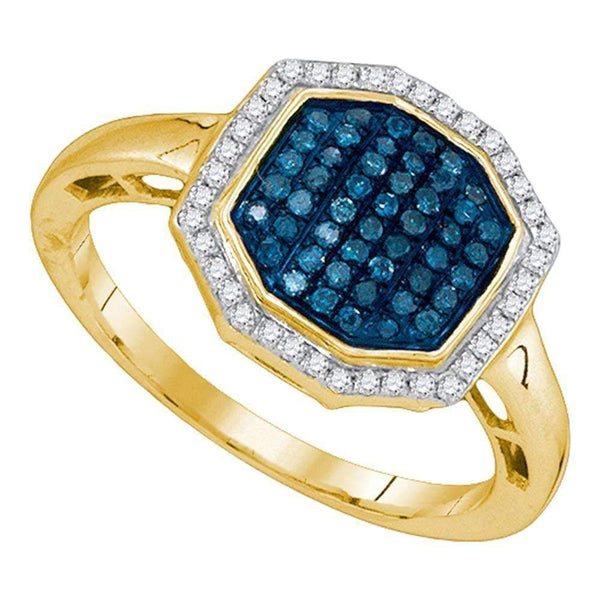 10kt Yellow Gold Women's Round Blue Color Enhanced Diamond Octagon Geometric Cluster Ring 1/3 Cttw - FREE Shipping (US/CAN)-Gold & Diamond Cluster Rings-5-JadeMoghul Inc.