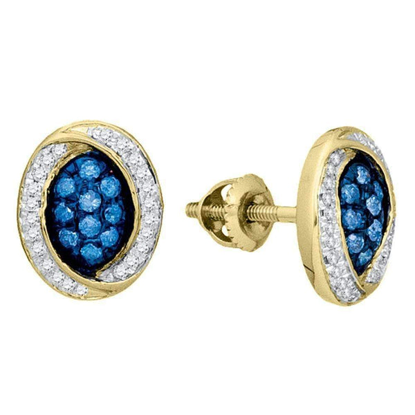 10kt Yellow Gold Womens Round Blue Color Enhanced Diamond Oval Cluster Earrings 1-3 Cttw-Gold & Diamond Earrings-JadeMoghul Inc.