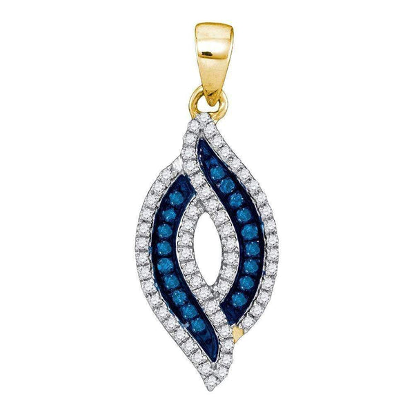 10kt Yellow Gold Women's Round Blue Color Enhanced Diamond Oval Frame Pendant 1-3 Cttw - FREE Shipping (US/CAN)-Gold & Diamond Pendants & Necklaces-JadeMoghul Inc.