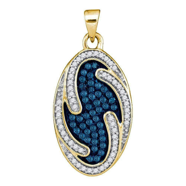 10kt Yellow Gold Women's Round Blue Color Enhanced Diamond Oval Wave Pendant 1-2 Cttw - FREE Shipping (US/CAN)-Gold & Diamond Pendants & Necklaces-JadeMoghul Inc.