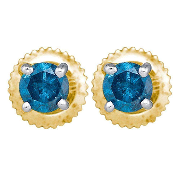 10kt Yellow Gold Women's Round Blue Color Enhanced Diamond Solitaire Stud Earrings 1-4 Cttw - FREE Shipping (USA/CAN)-Gold & Diamond Earrings-JadeMoghul Inc.