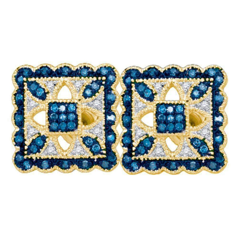 10kt Yellow Gold Women's Round Blue Color Enhanced Diamond Square Cluster Earrings 1-4 Cttw - FREE Shipping (USA/CAN)-Gold & Diamond Earrings-JadeMoghul Inc.