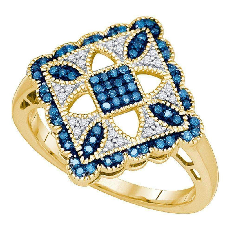 10kt Yellow Gold Women's Round Blue Color Enhanced Diamond Square Cluster Ring 1/4 Cttw - FREE Shipping (US/CAN)-Gold & Diamond Cluster Rings-5-JadeMoghul Inc.