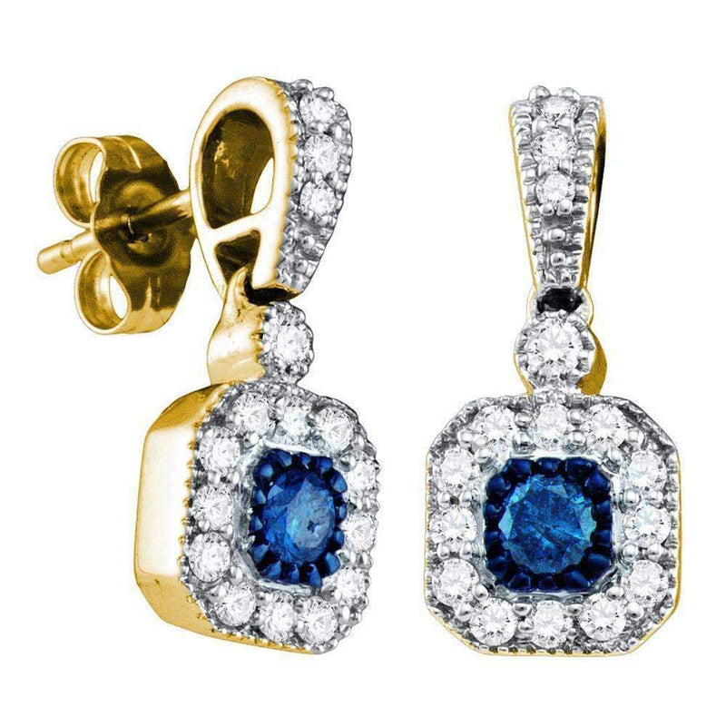 10kt Yellow Gold Women's Round Blue Color Enhanced Diamond Square Dangle Screwback Earrings 5-8 Cttw - FREE Shipping (US/CAN)-Gold & Diamond Earrings-JadeMoghul Inc.