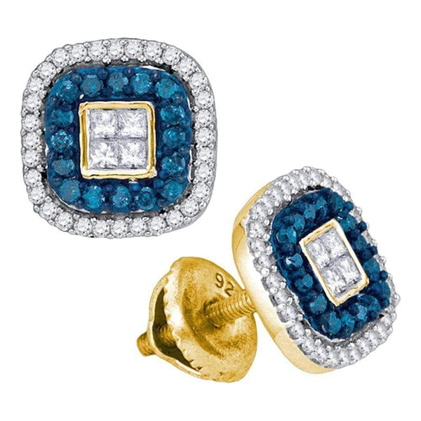 10kt Yellow Gold Women's Round Blue Color Enhanced Diamond Square Frame Cluster Earrings 1-2 Cttw - FREE Shipping (US/CAN)-Gold & Diamond Earrings-JadeMoghul Inc.