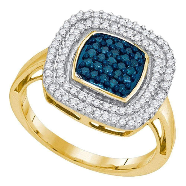 10kt Yellow Gold Women's Round Blue Color Enhanced Diamond Square Frame Cluster Ring 1/2 Cttw - FREE Shipping (US/CAN)-Gold & Diamond Cluster Rings-5-JadeMoghul Inc.
