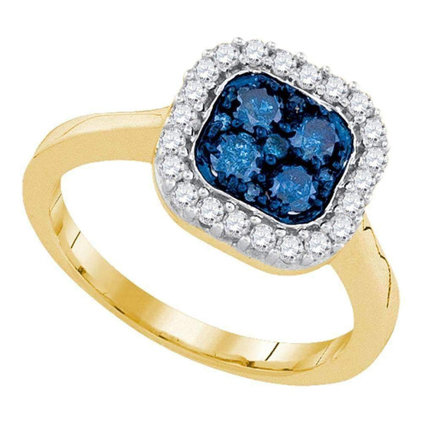 10kt Yellow Gold Women's Round Blue Color Enhanced Diamond Square Frame Cluster Ring 3/4 Cttw - FREE Shipping (US/CAN)-Gold & Diamond Cluster Rings-5-JadeMoghul Inc.