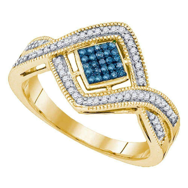 10kt Yellow Gold Women's Round Blue Color Enhanced Diamond Square Frame Twist Cluster Ring 1/6 Cttw - FREE Shipping (US/CAN)-Gold & Diamond Cluster Rings-6-JadeMoghul Inc.