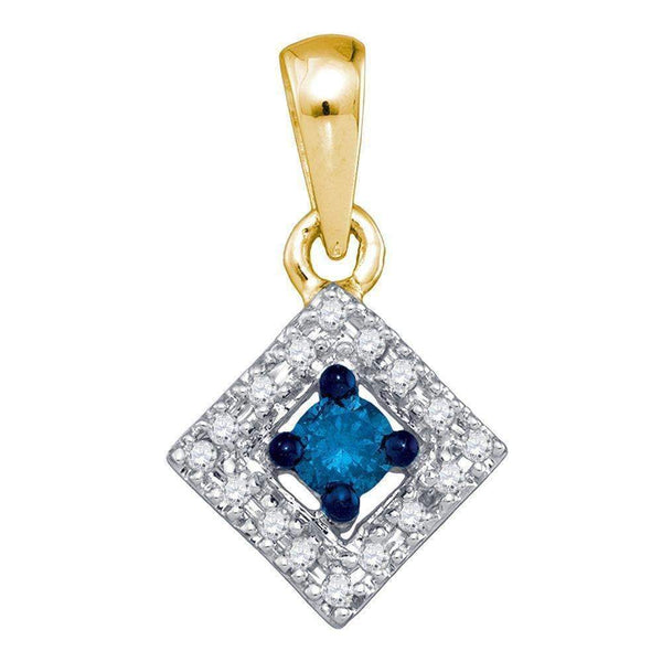 10kt Yellow Gold Women's Round Blue Color Enhanced Diamond Square Pendant 1-5 Cttw - FREE Shipping (US/CAN)-Gold & Diamond Pendants & Necklaces-JadeMoghul Inc.
