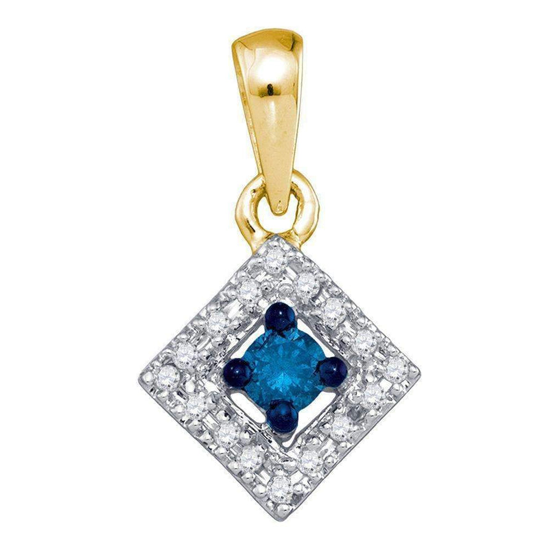 10kt Yellow Gold Women's Round Blue Color Enhanced Diamond Square Pendant 1-5 Cttw - FREE Shipping (US/CAN)-Gold & Diamond Pendants & Necklaces-JadeMoghul Inc.