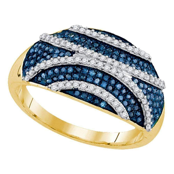 10kt Yellow Gold Women's Round Blue Color Enhanced Diamond Striped Fashion Ring 1/2 Cttw - FREE Shipping (US/CAN)-Gold & Diamond Fashion Rings-6-JadeMoghul Inc.
