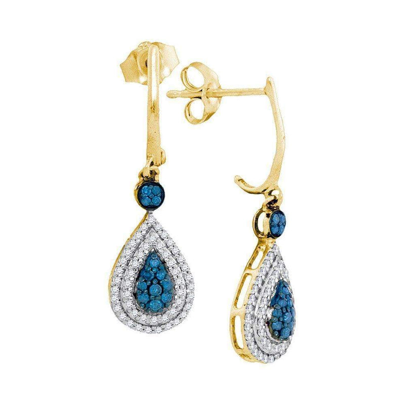 10kt Yellow Gold Women's Round Blue Color Enhanced Diamond Teardrop Dangle Earrings 1-2 Cttw - FREE Shipping (USA/CAN)-Gold & Diamond Earrings-JadeMoghul Inc.