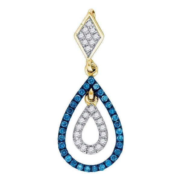 10kt Yellow Gold Women's Round Blue Color Enhanced Diamond Teardrop Pendant 1-5 Cttw - FREE Shipping (US/CAN)-Gold & Diamond Pendants & Necklaces-JadeMoghul Inc.