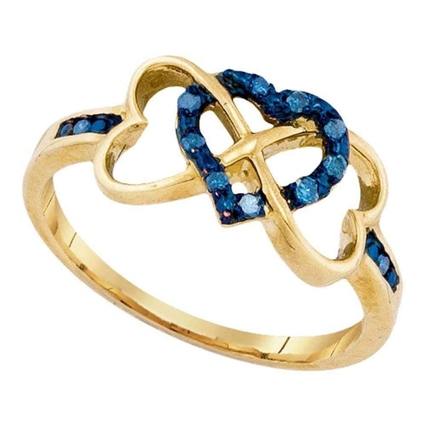 10kt Yellow Gold Women's Round Blue Color Enhanced Diamond Triple Trinity Heart Ring 1/10 Cttw - FREE Shipping (US/CAN)-Rings And Bands-5-JadeMoghul Inc.