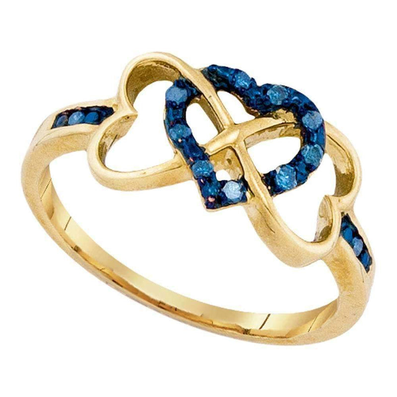 10kt Yellow Gold Women's Round Blue Color Enhanced Diamond Triple Trinity Heart Ring 1/10 Cttw - FREE Shipping (US/CAN)-Rings And Bands-5-JadeMoghul Inc.