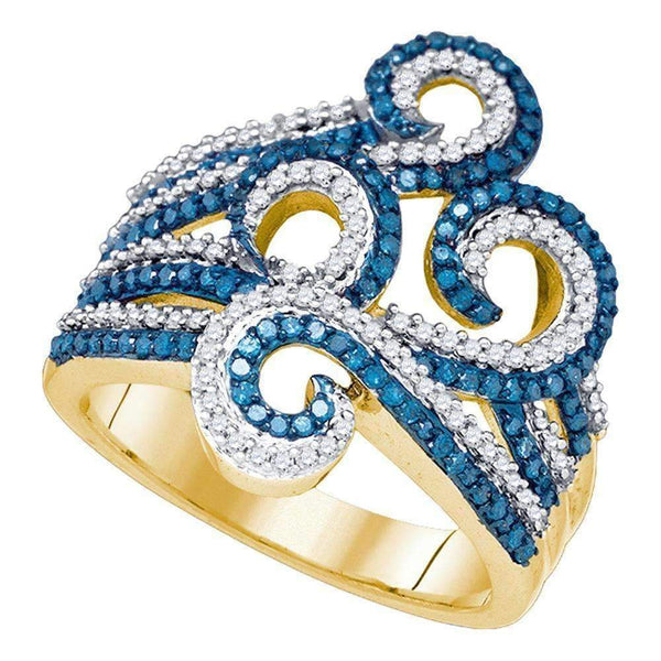 10kt Yellow Gold Women's Round Blue Color Enhanced Diamond Wide Swirl Curl Cocktail Ring 3/4 Cttw - FREE Shipping (US/CAN)-Rings And Bands-5-JadeMoghul Inc.
